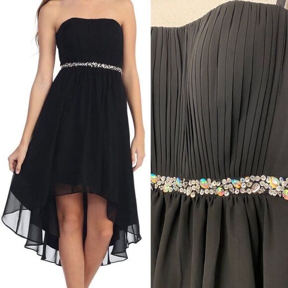 Dancing Queen pleated black strapless hi low chiffon formal Dress rhinestone -S - Picture 1 of 13